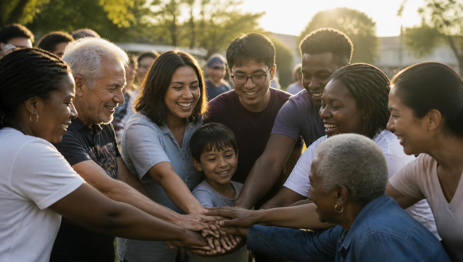 Community members joining hands together at an outdoor gathering